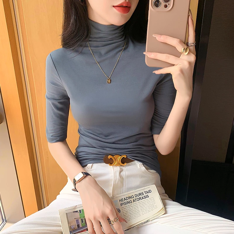 莫代尔高领中袖打底衫女T恤2025夏季修身五分半袖打底衫内搭上衣