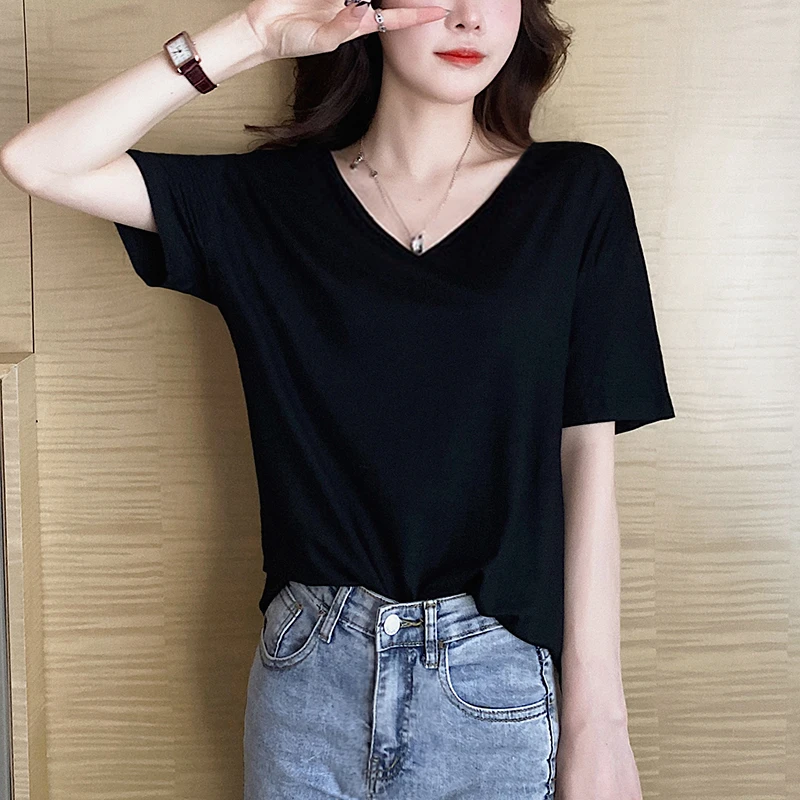 宽松莫代尔短袖长款t恤女夏季遮臀半袖冰丝体恤打底黑色上衣显瘦