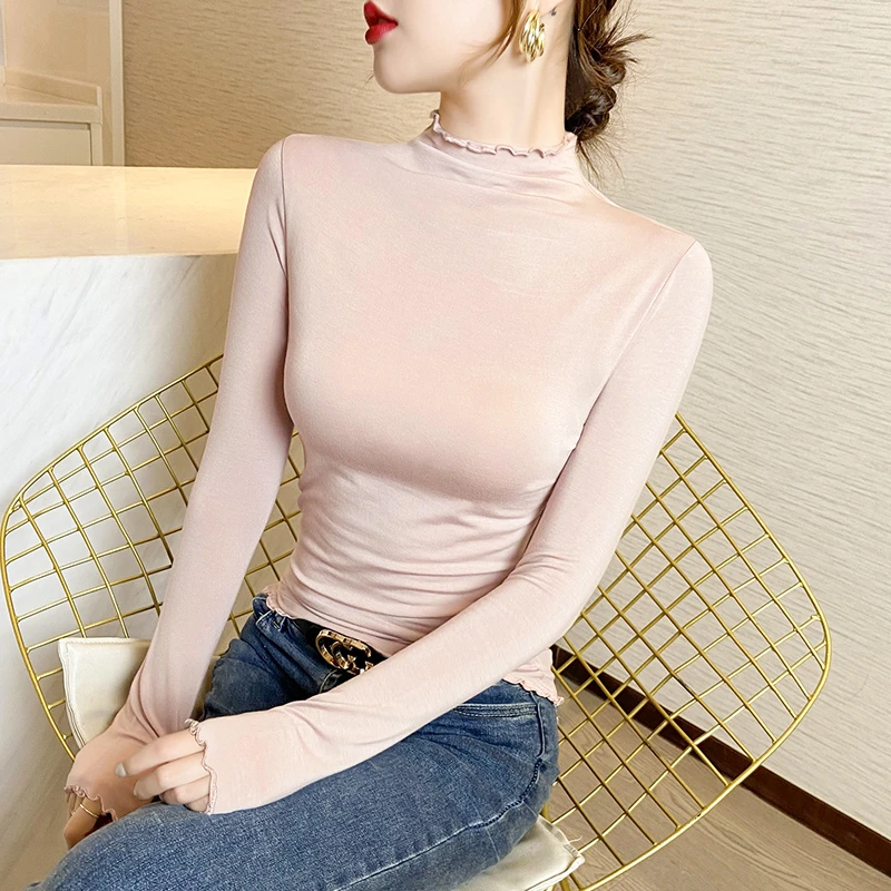 半高领打底衫女内搭秋冬季2024新款莫代尔长袖木耳边西装打底上衣