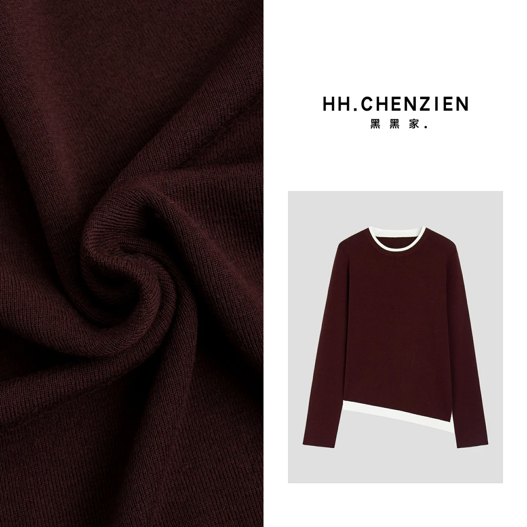 【黑黑家】秋季新款圆领下摆斜裁开叉拼接针织衫上衣