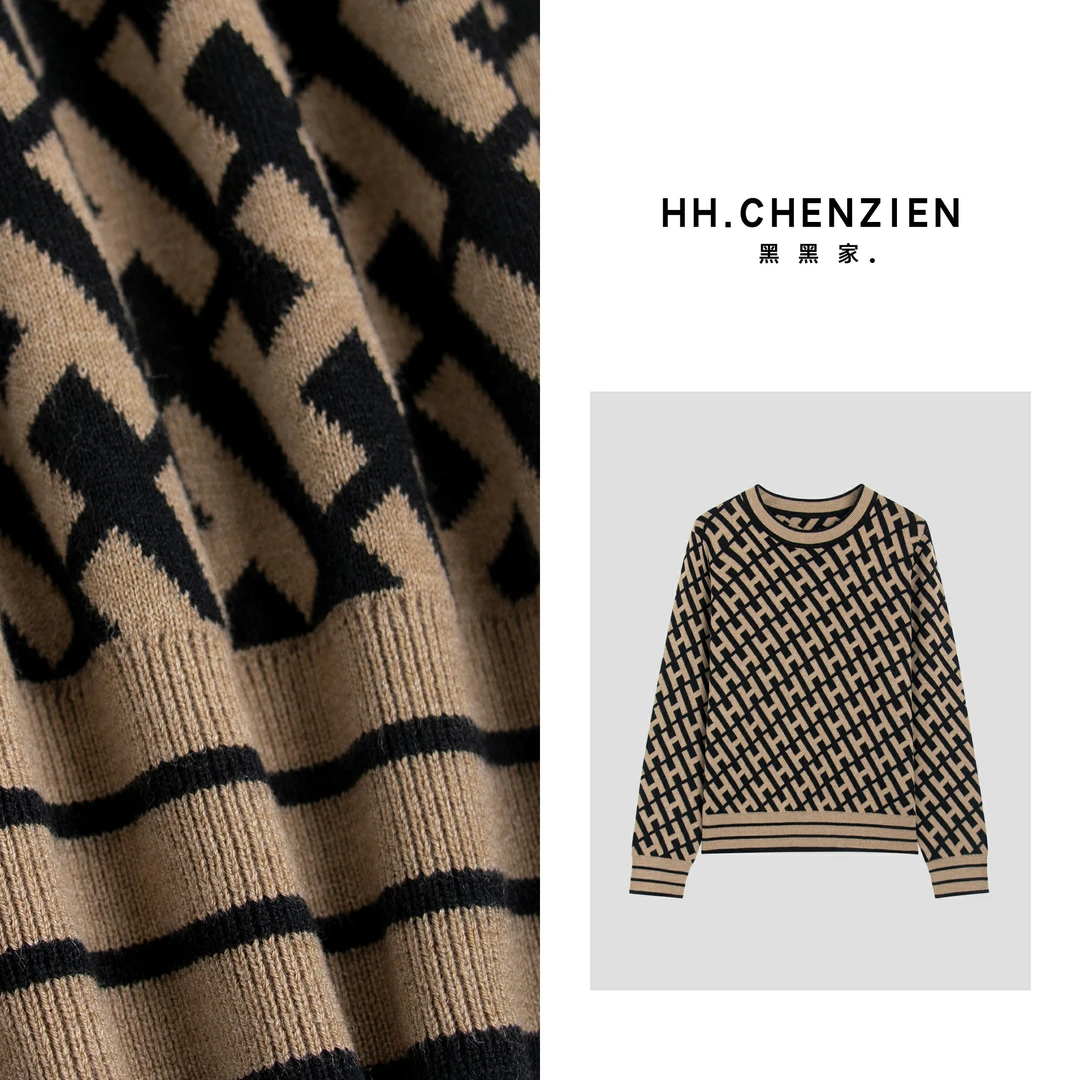 【黑黑家】秋冬新款女毛衫H字母下摆条纹舒适百搭圆领针织衫上衣