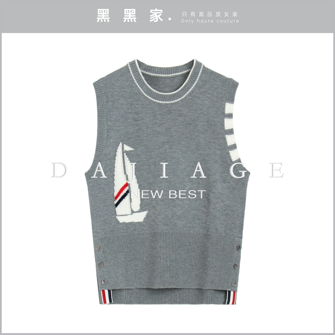 【黑黑家】秋冬新款高品质帆船印花针织衫背心