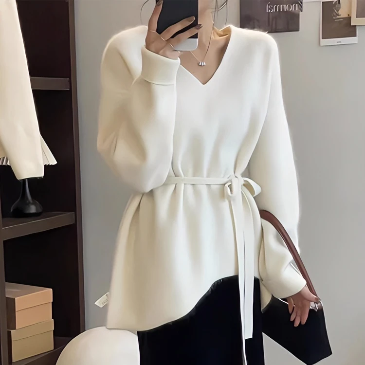 系带收腰V领高贵上档次高级感女毛衣时尚针织衫上衣2024秋冬网红