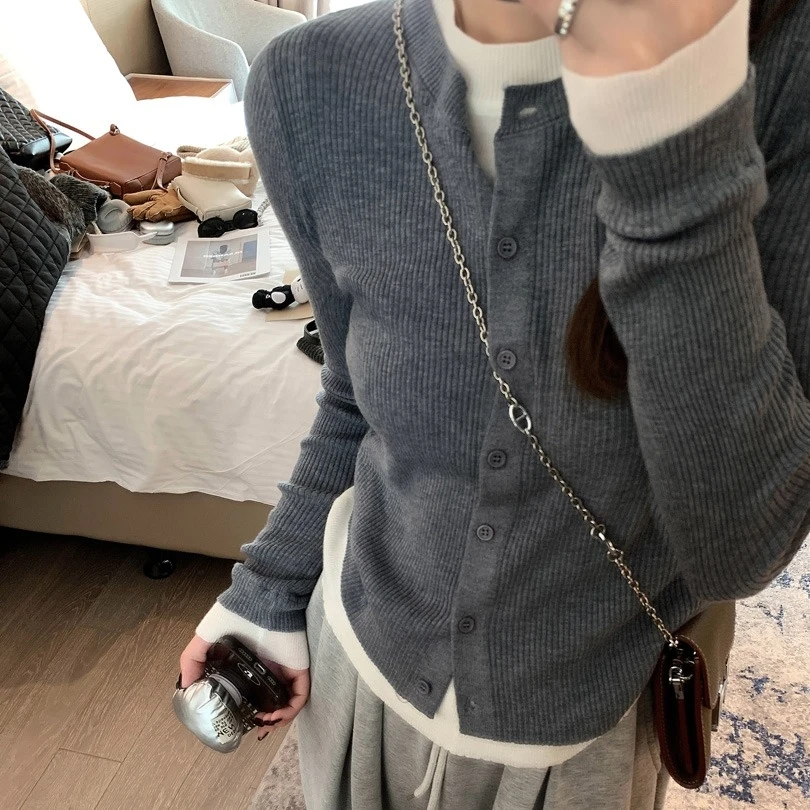 秋装新款女装2024爆款时髦洋气毛衣开衫假两件长袖打底针织衫上衣