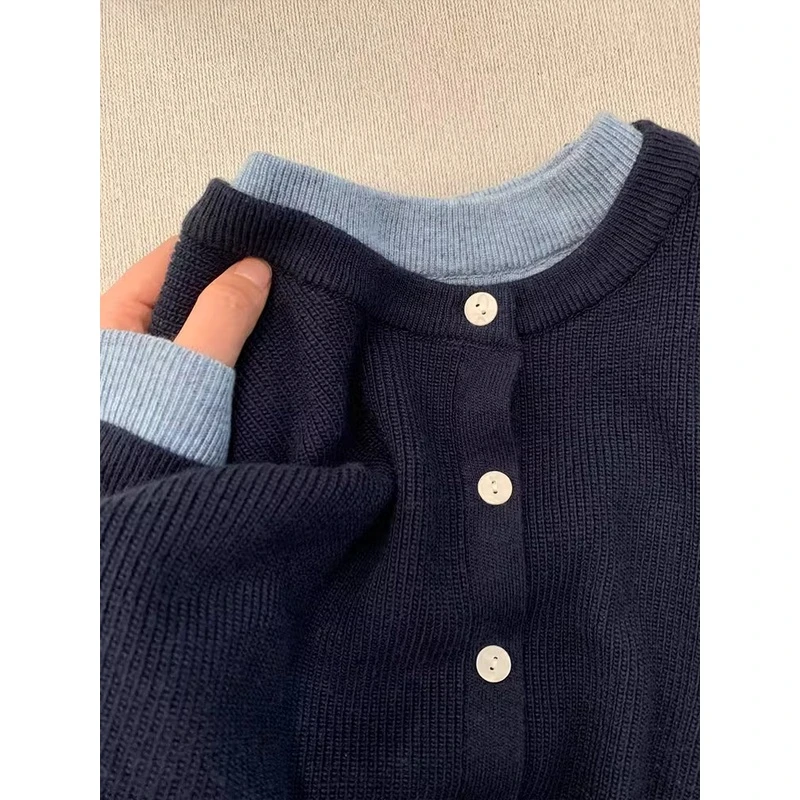 2025年秋冬新款高级感藏青色毛衣外套女慵懒宽松百搭假两件针织衫