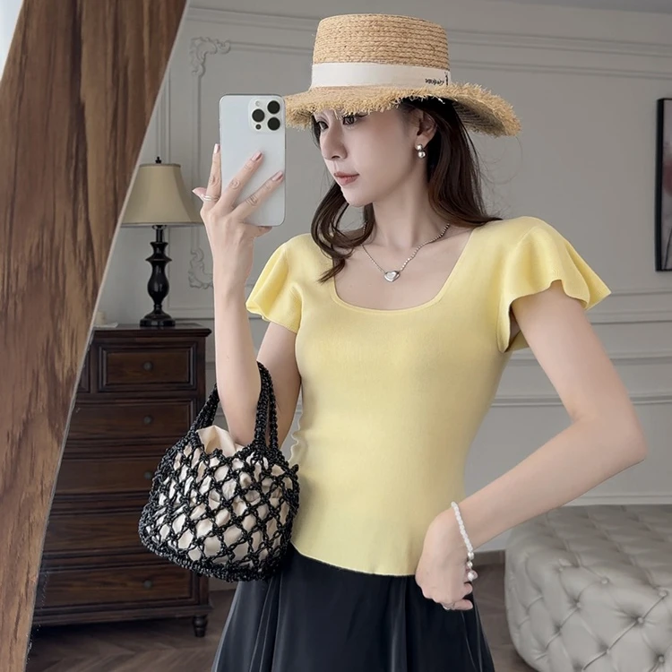 夏季女装时髦洋气荷叶袖方领上衣冰丝短袖T恤薄款显瘦半袖针织衫