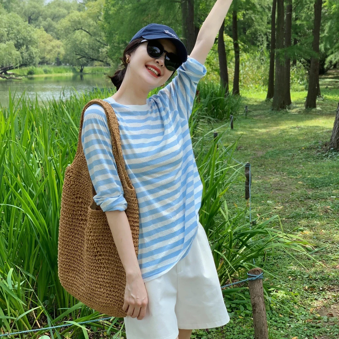 条纹长袖T恤女时髦洋气夏季冰丝针织宽松薄款防晒衣罩衫气质上衣