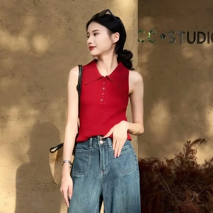 2025夏季新款女装时髦洋气红色薄款POLO领针织衫无袖T恤背心上衣
