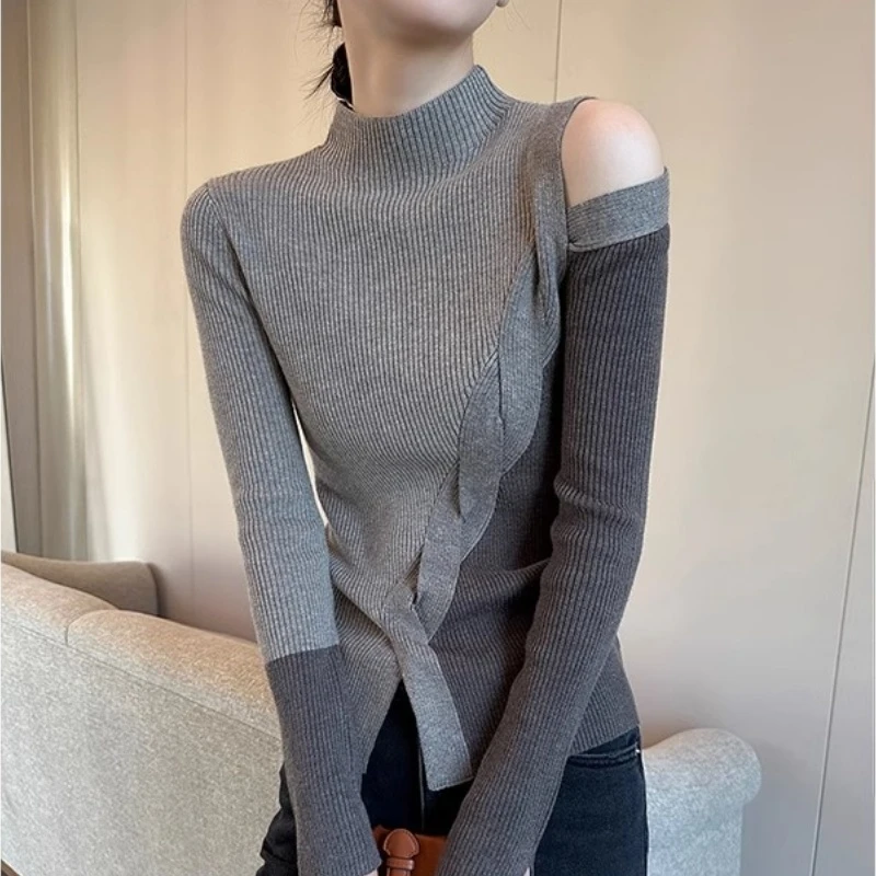 独特漂亮小衫半高领打底针织衫秋冬女装内搭不规则上衣设计感毛衣