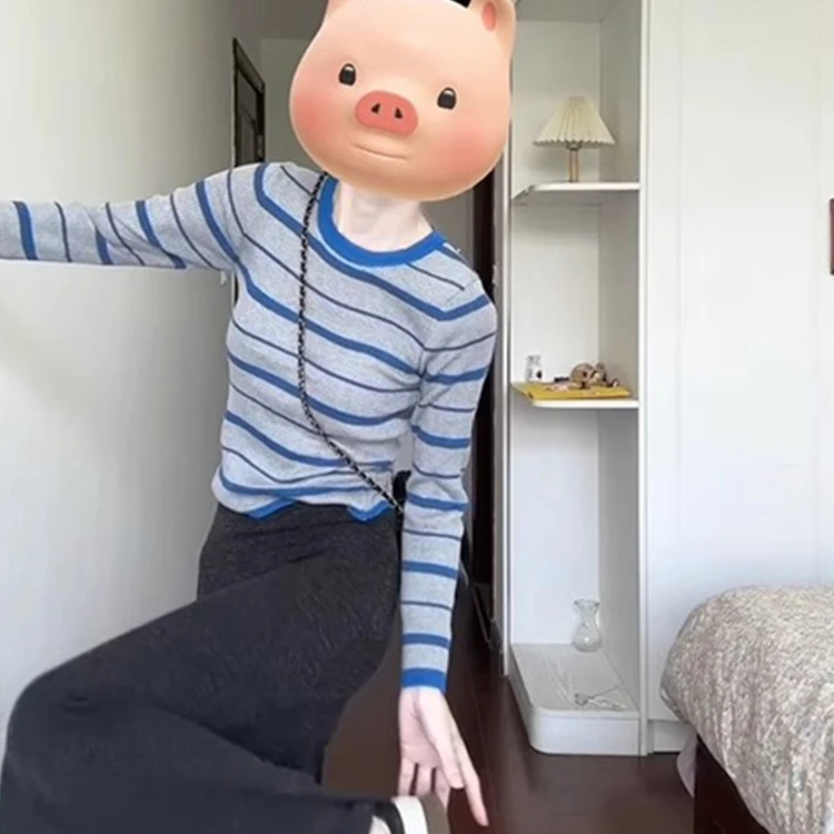 小个子修身撞色条纹毛衣针织衫秋季女装时髦洋气上衣服内搭打底衫