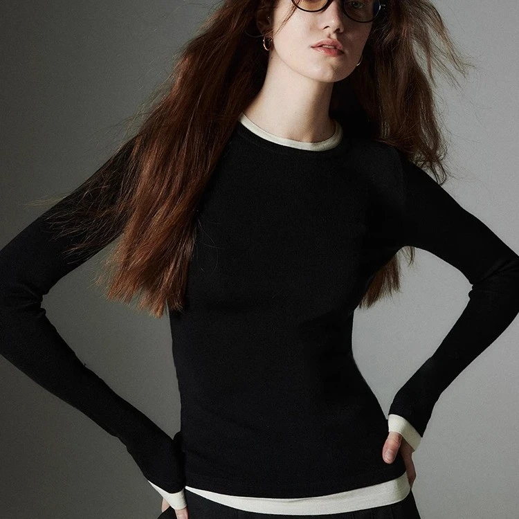 秋冬女装撞色假两件内搭外穿黑色圆领套头打底毛衣针织衫修身上衣