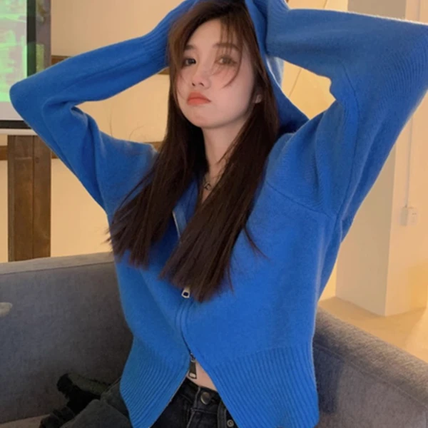 洋气蓝色双拉链开衫针织衫秋冬设计感修身显瘦短款长袖连帽毛衣女