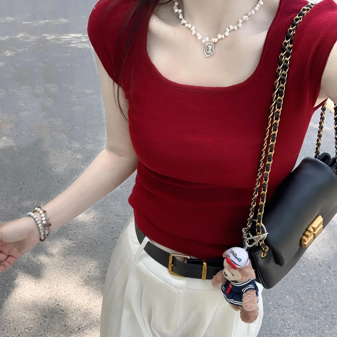 2025夏季女装时髦洋气薄款方领短袖T恤针织衫独特别致高级感上衣