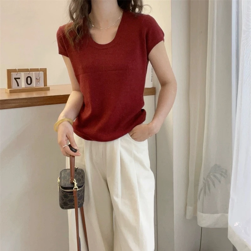 2025夏季网红潮款时髦洋气u领针织衫短袖T恤女薄款气质小众上衣