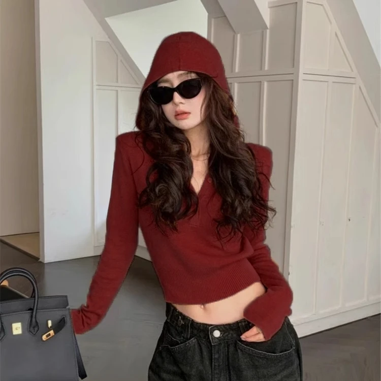 秋季红色高级感洋气女装网红款连帽小众毛衣长袖打底针织衫上衣服