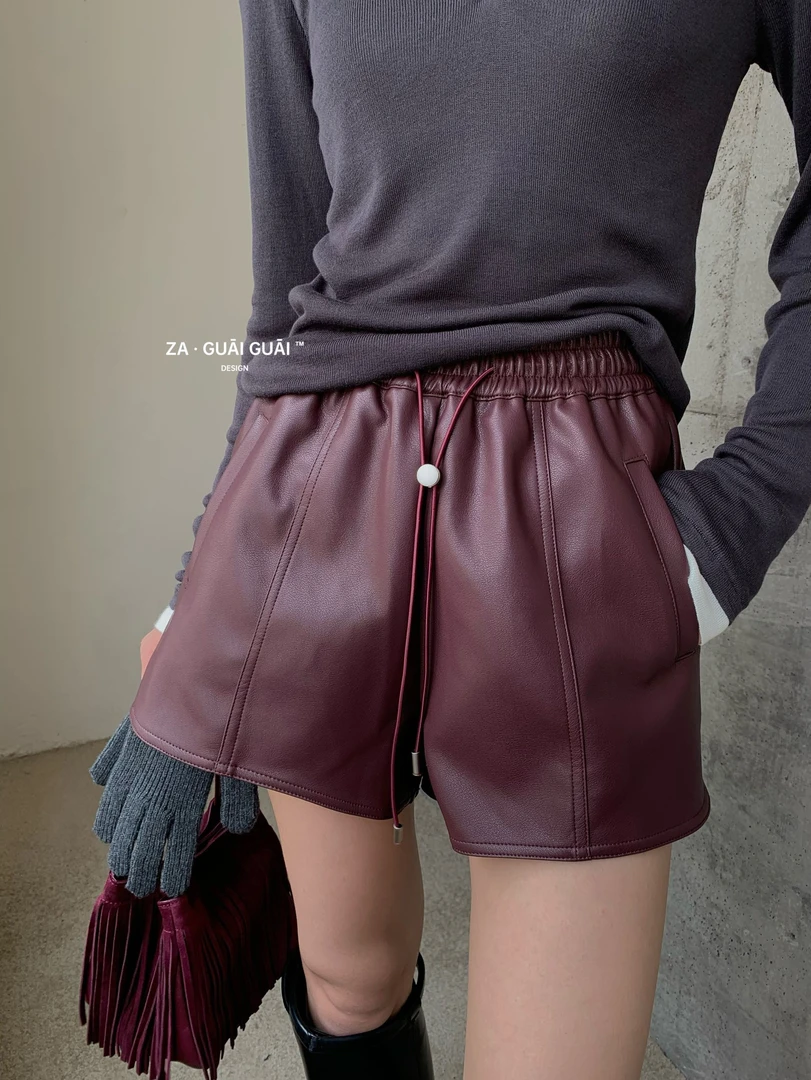 有货ZA#10568秋季福利高品质皮短裤，裤长：33cm