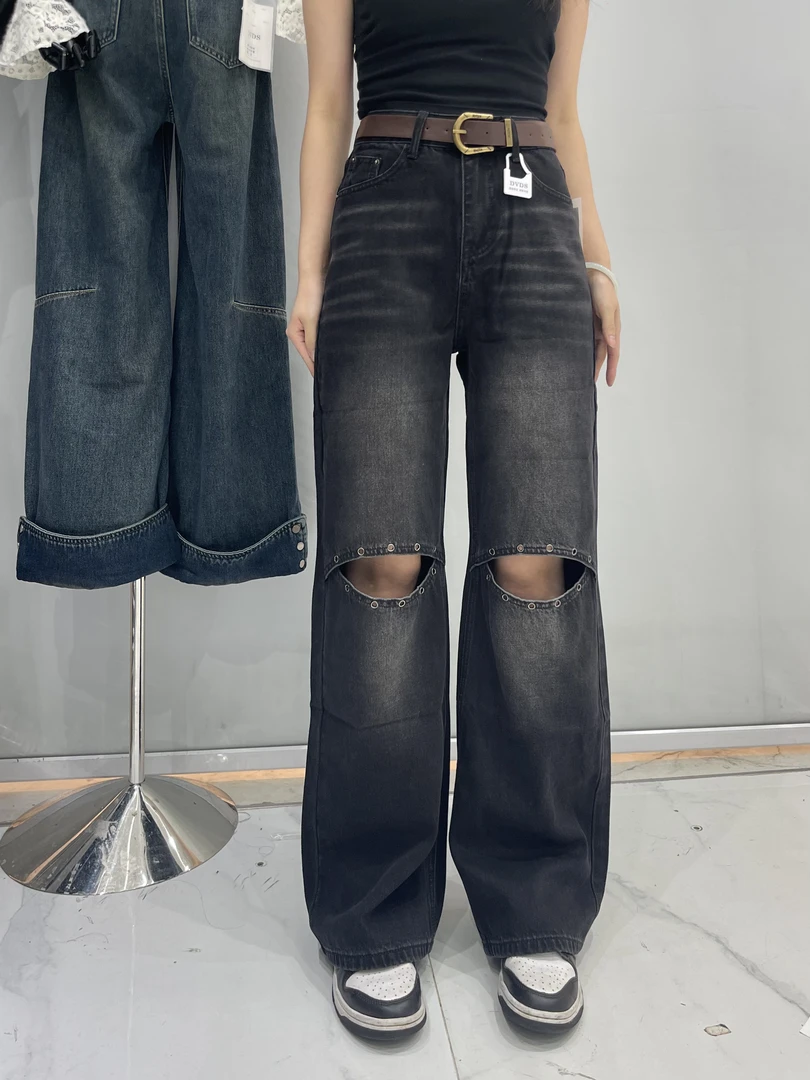 有货DVDS#8815秋季福利无弹破洞直筒拖地牛仔裤，裤长：103cm