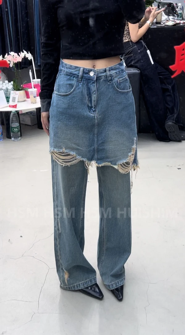 SM#9909春季福利无弹重工假两件直筒牛仔裤，裤长：103cm