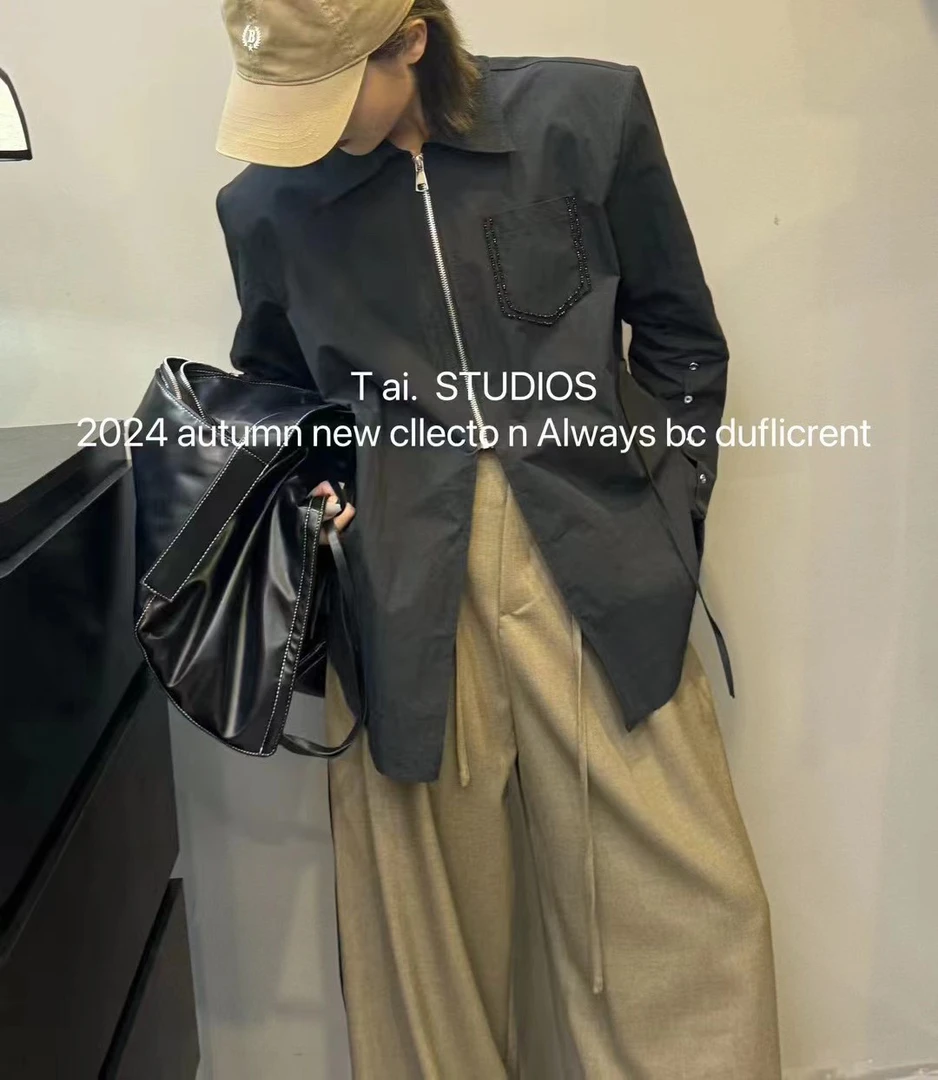 有货Tai#S2919秋季福利垫肩重工拉链衬衫，衣长：76cm