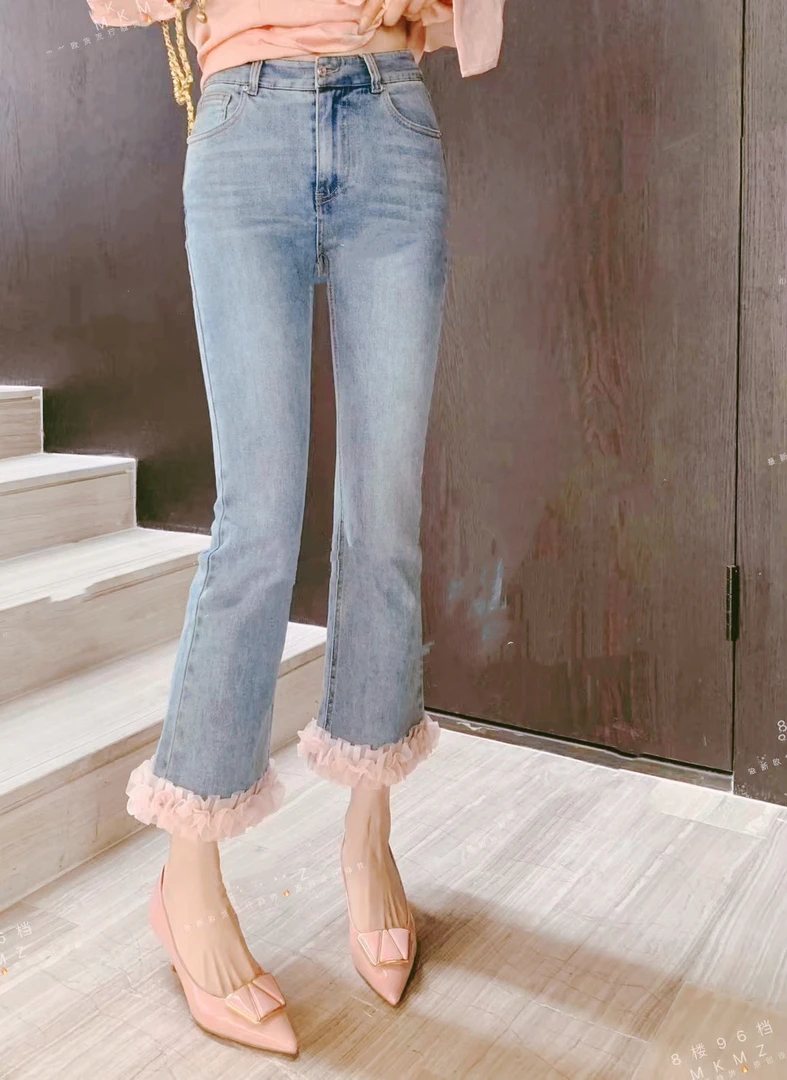 有货GVCI#7137夏季福利高重工裤脚花边九分微喇牛仔裤，裤长：95cm