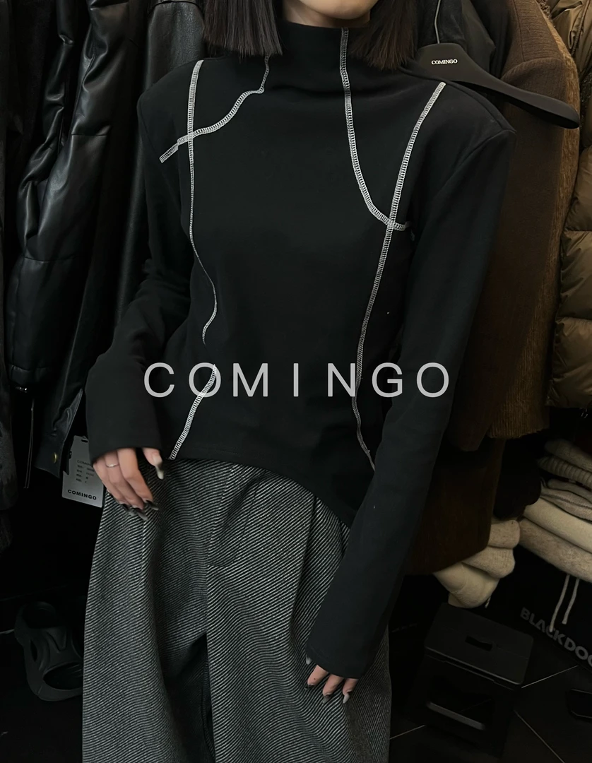 有货小木南#30672冬季垫肩磨毛不规则中领上衣，衣短：44cm，长：63cm