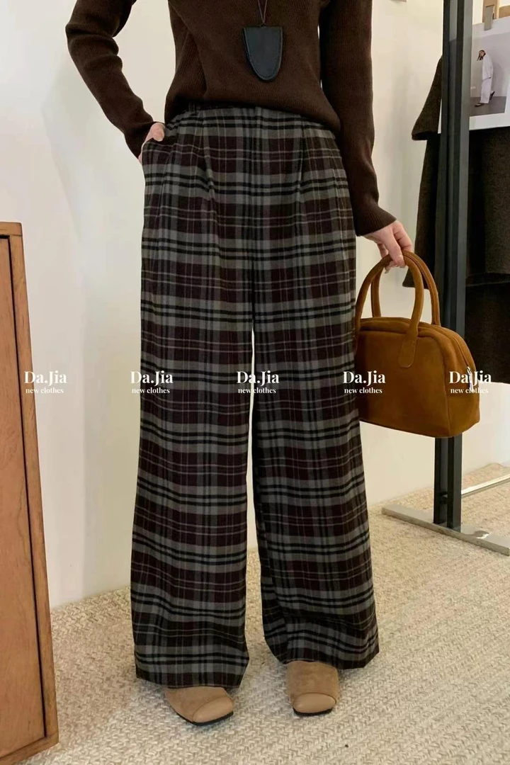 有货DJ#24657秋季福利磨毛格子直筒拖地裤，裤长：102cm