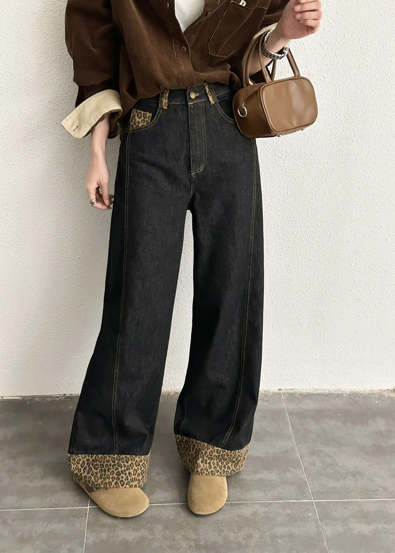 有货十三行X2#68697冬季福利无弹抓绒拼接阔腿牛仔裤，裤长：103cm