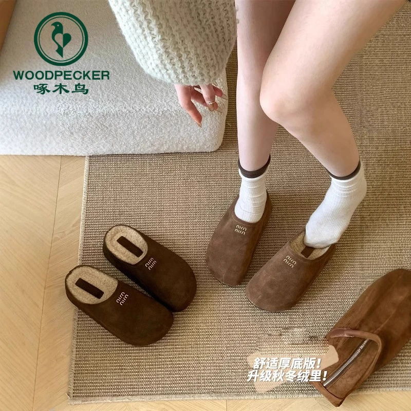 啄木鸟复古百搭厚底包头半拖鞋女款2024年秋冬新款松糕加绒勃肯鞋
