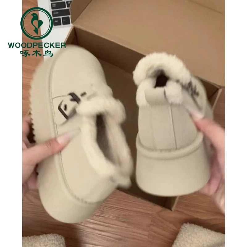 啄木鸟棉鞋女秋冬季增高厚底雪地靴加绒加厚面包勃肯鞋外穿毛毛鞋