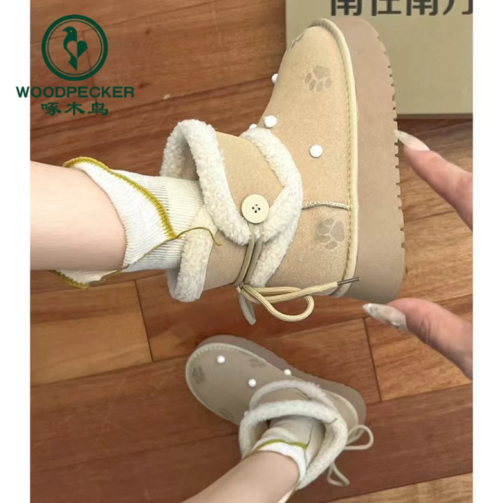 啄木鸟蝴蝶结厚底雪地靴女2024新款冬季增高加绒加厚可爱雪地棉鞋