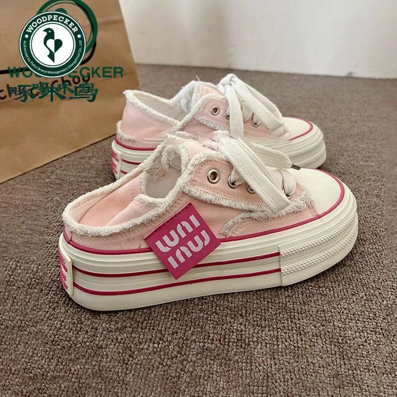 啄木鸟乞丐帆布鞋女2024夏季新款爆款厚底增高两穿踩跟半拖小白鞋
