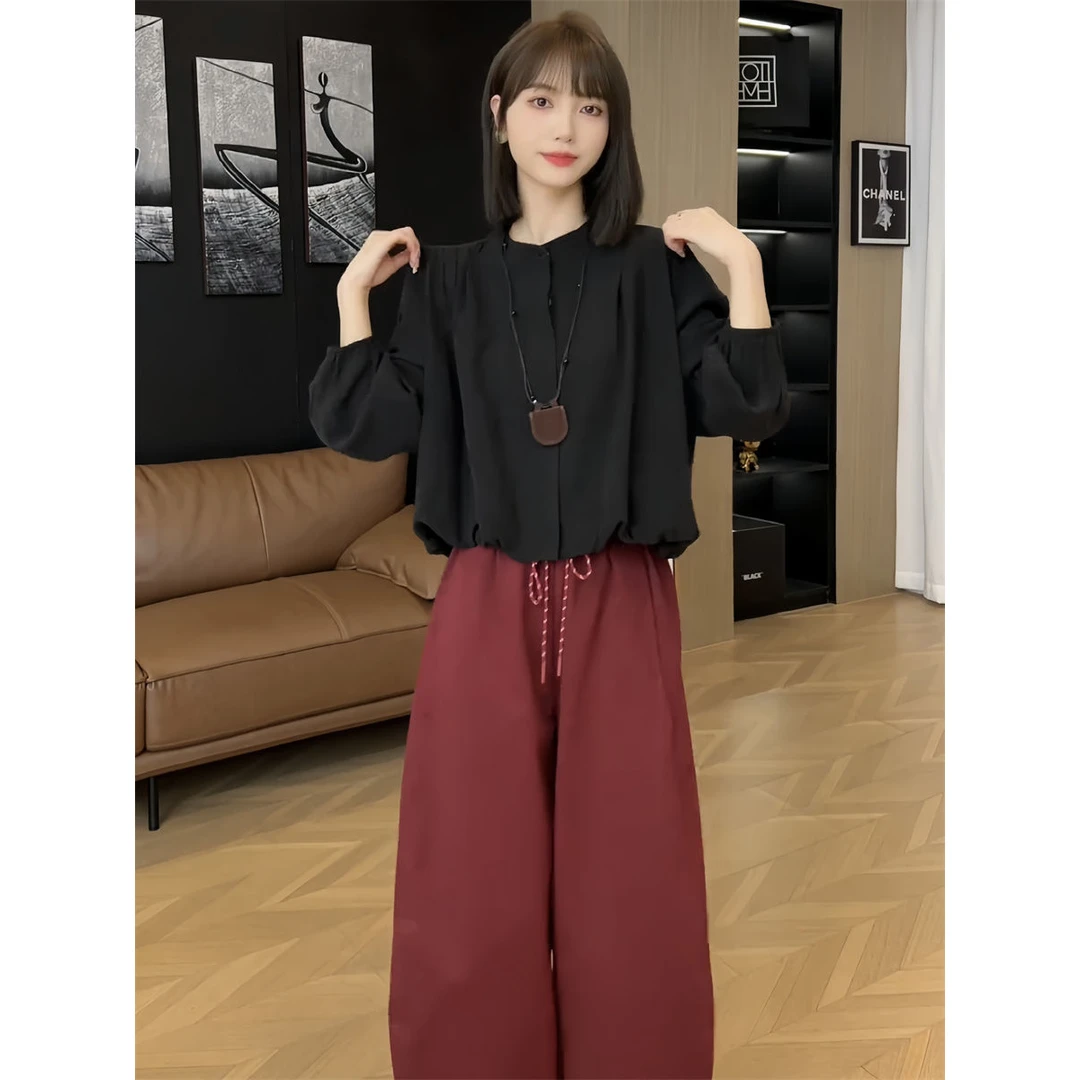 高级感洋气短款上衣2025秋季新款法式灯笼袖显瘦衬衫休闲裤两件套