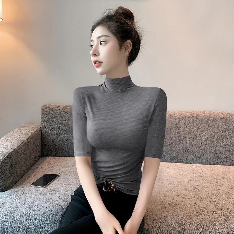 黑色半高领螺纹中袖五分袖T恤女2025夏季修身百搭高档打底上衣女