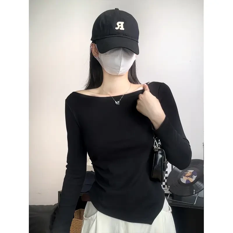 早秋白色一字肩长袖打底衫女显瘦修身洋气百搭设计感小众T恤上衣