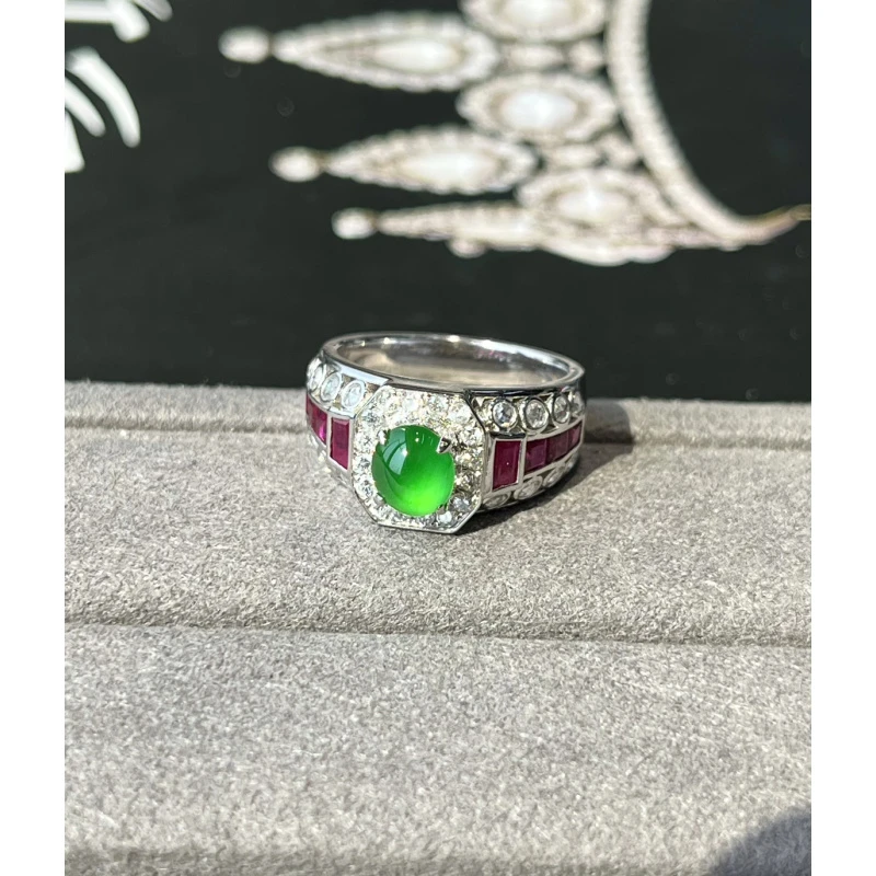 翡翠冰种满绿戒指，裸石6.6*5.8*3.5-圈口14号