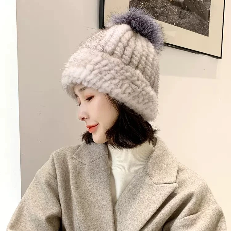 新款水貂毛皮草帽子女士冬季加厚保暖护耳编织帽子狐狸球帽子