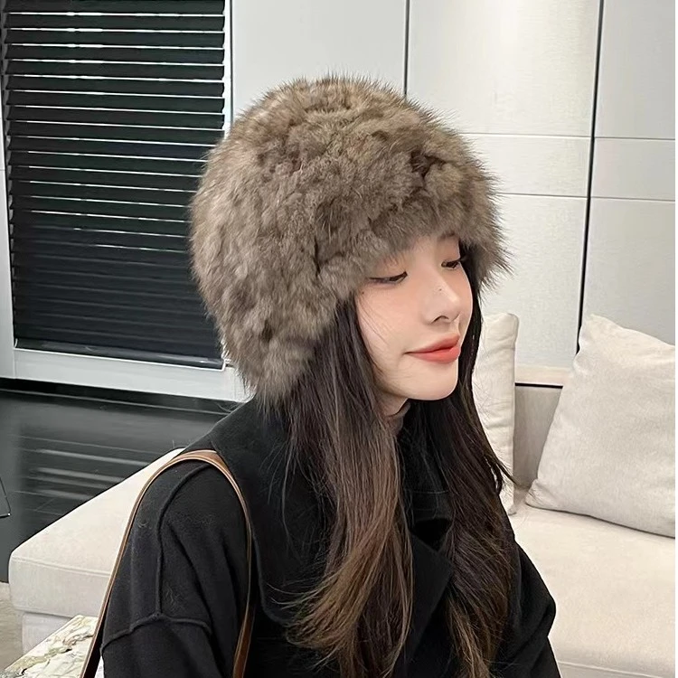 俄罗斯进口貂编织帽子 弹力包头护耳女帽 双面真毛水貂毛帽子
