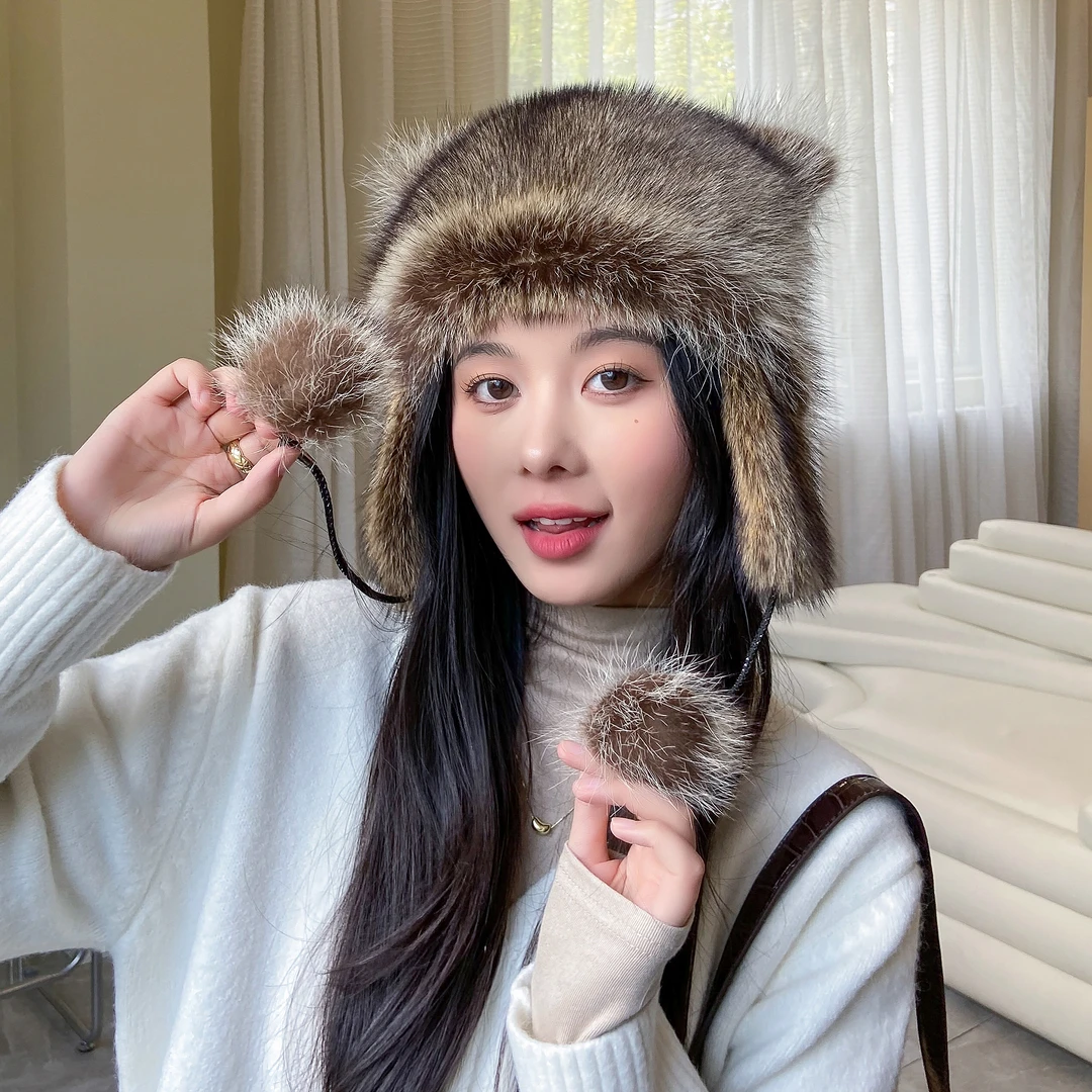 冬季保暖护耳可爱帽子 美洲貉子毛亲子款护耳真毛小尾巴帽子