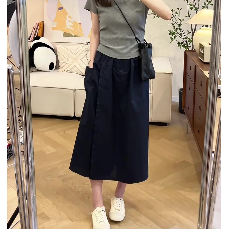 2025夏薄款大码高腰口袋设计感休闲a字阔腿裤裙中长款百搭半身裙