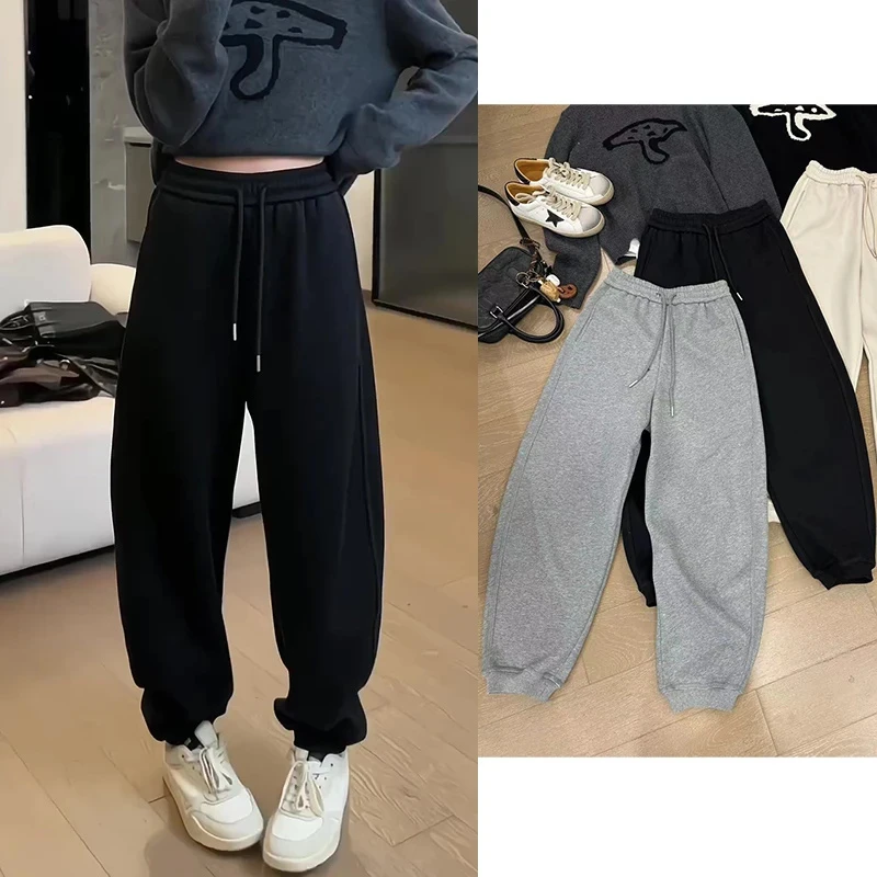 2025冬季加绒款大码女装束脚休闲卫裤梨形身材显瘦抽绳弯刀哈伦裤