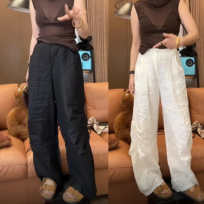 2024夏季薄款大码女装弯刀亚麻休闲裤梨形身材显瘦复古拖地阔腿裤