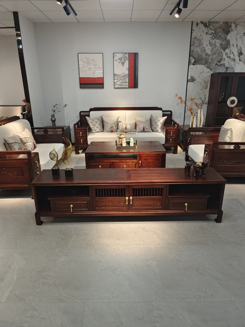乌金木新中式古典简约禅意别墅型雕花客厅成套家具