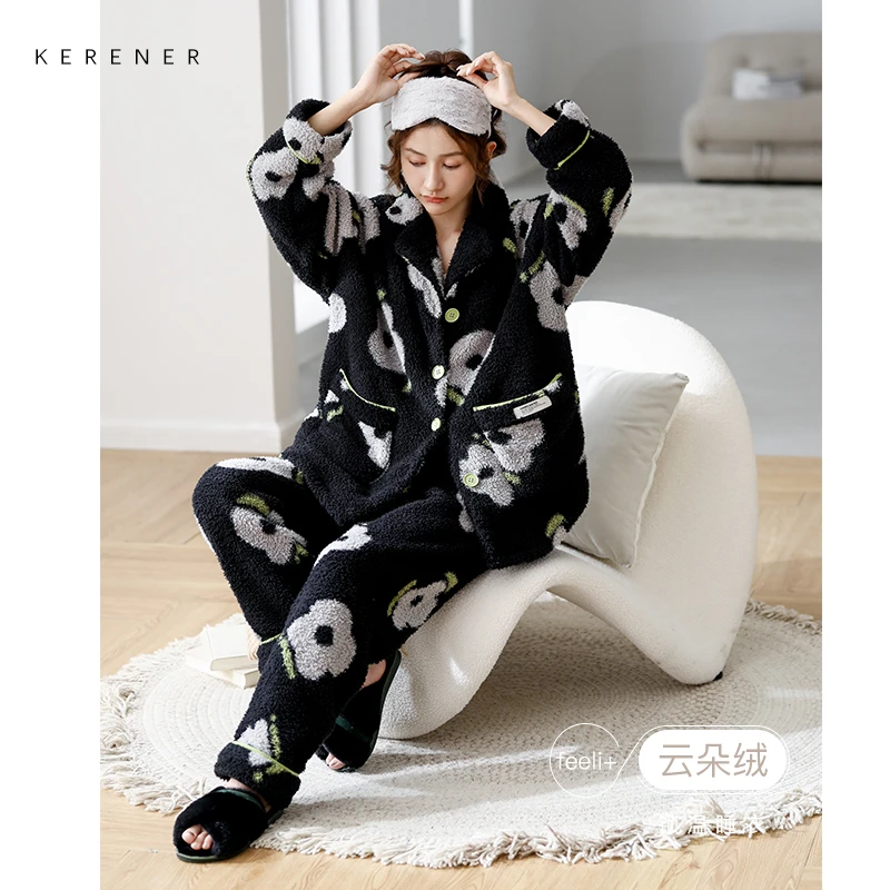 可人儿【云朵绒】睡衣女秋冬季加厚加绒保暖珊瑚绒可外出家居服套装