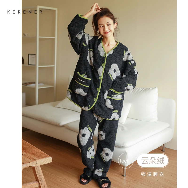 可人儿冬季保暖云朵绒睡衣女气质花朵撞色珊瑚绒可外穿家居服套装
