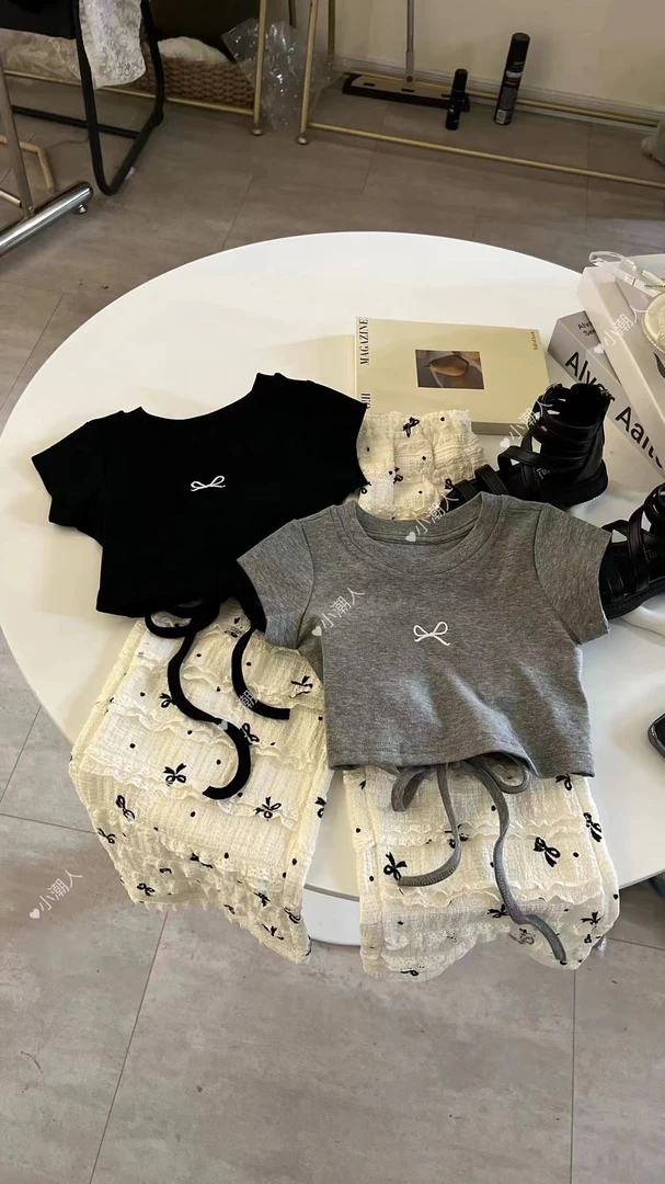 甜辣风女童蝴蝶结露背短袖上衣