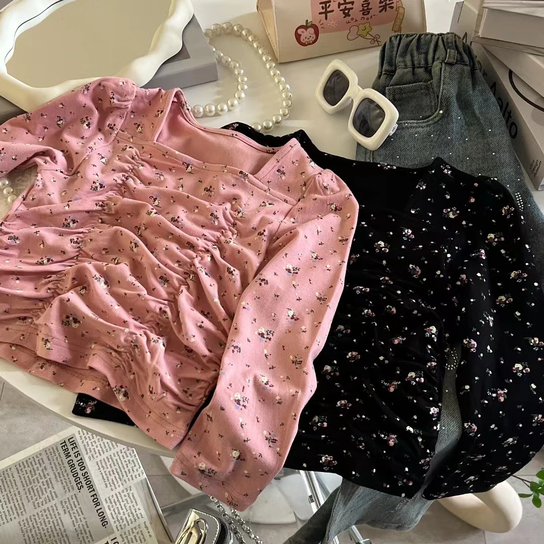 （小碎花）女童法式方领褶皱针织上衣洋气时尚圆领春秋儿童百搭宝宝