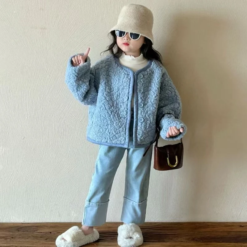 定制蓝色皮毛一体慵懒风洋气外套