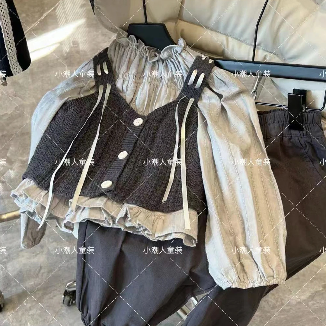 定制版韩灰提花衬衫马甲裤子三件套