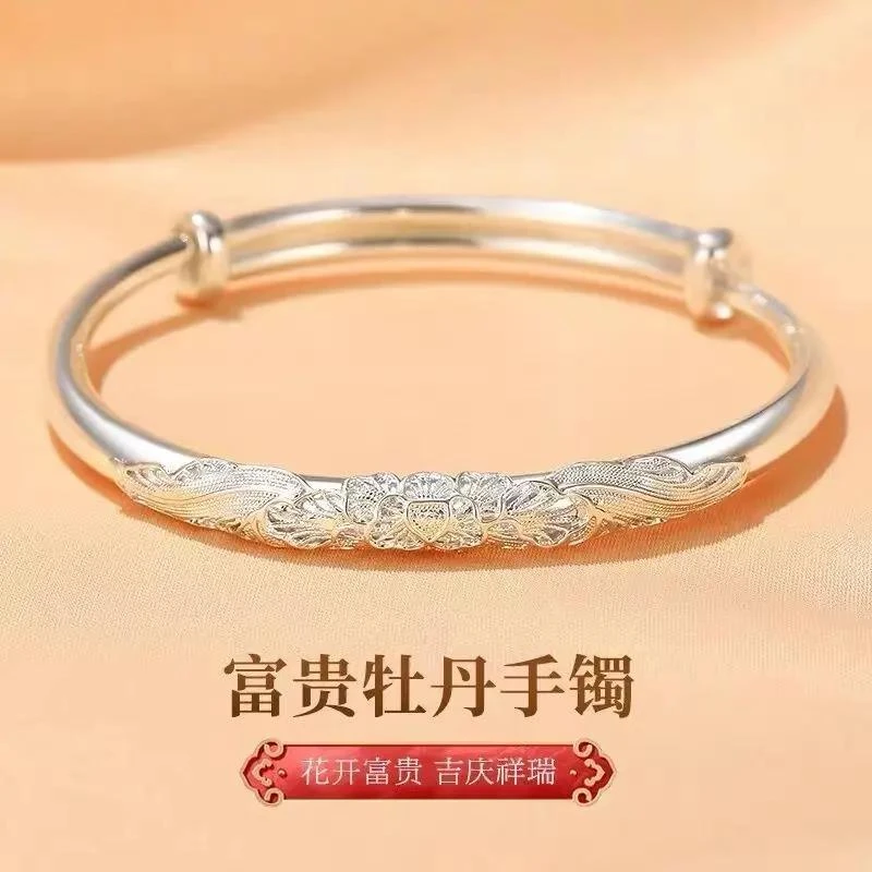 足银手镯  纯银手镯9999足银镯子简约时尚实心推拉送女友妈妈礼物