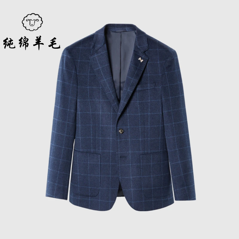 100%绵羊毛男士单西服秋款商务休闲通勤西装正装外套纯绵羊毛男装